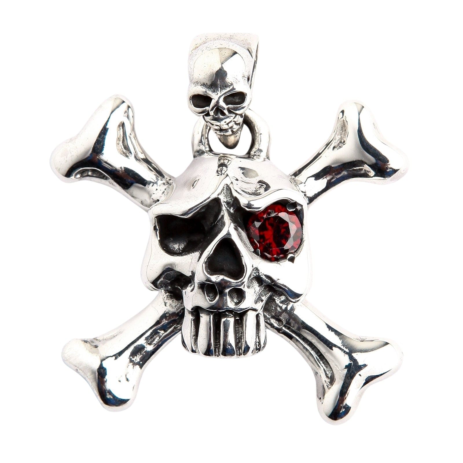Halskette mit Totenkopf-Knochen-Anhänger aus Sterlingsilber mit roten Augen