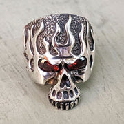 sterling silver red garnet eye flame skull ring